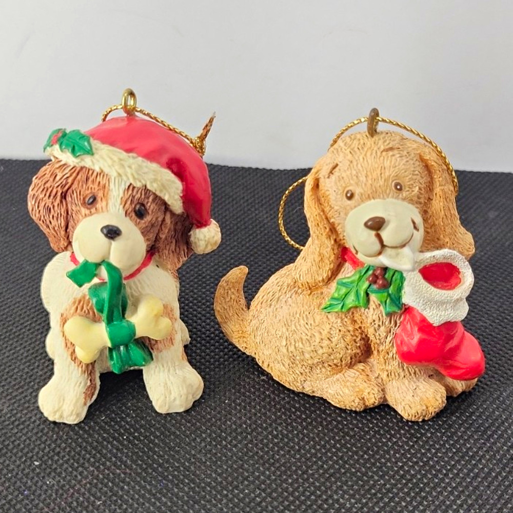 Set of 2 Dog Christmas Hanging Ornaments Resin 3" Brown White Red Green